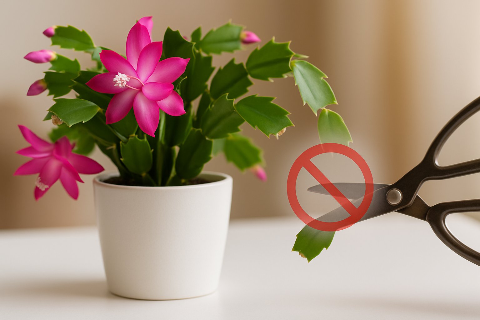 Close-up of a Christmas cactus with pink flowers and gardening scissors poised to cut a segment, with a subtle red prohibition symbol near the cutting area.
