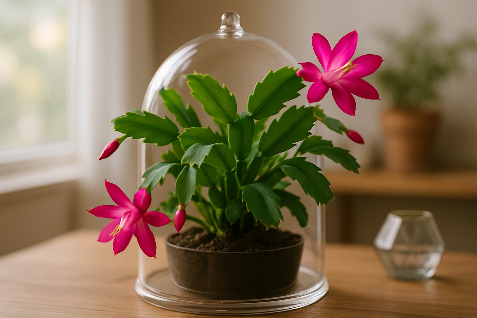 Close-up of a healthy Christmas cactus with pink flowers on a wooden table near a window indoors.