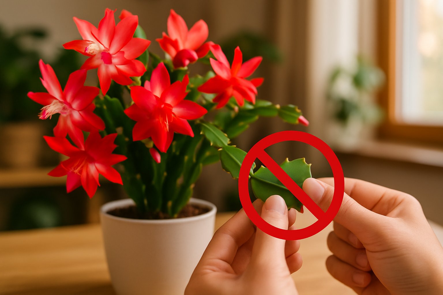 Close-up of a Christmas cactus with bright flowers indoors, with hands holding a plant segment and a subtle red prohibition symbol overlay.