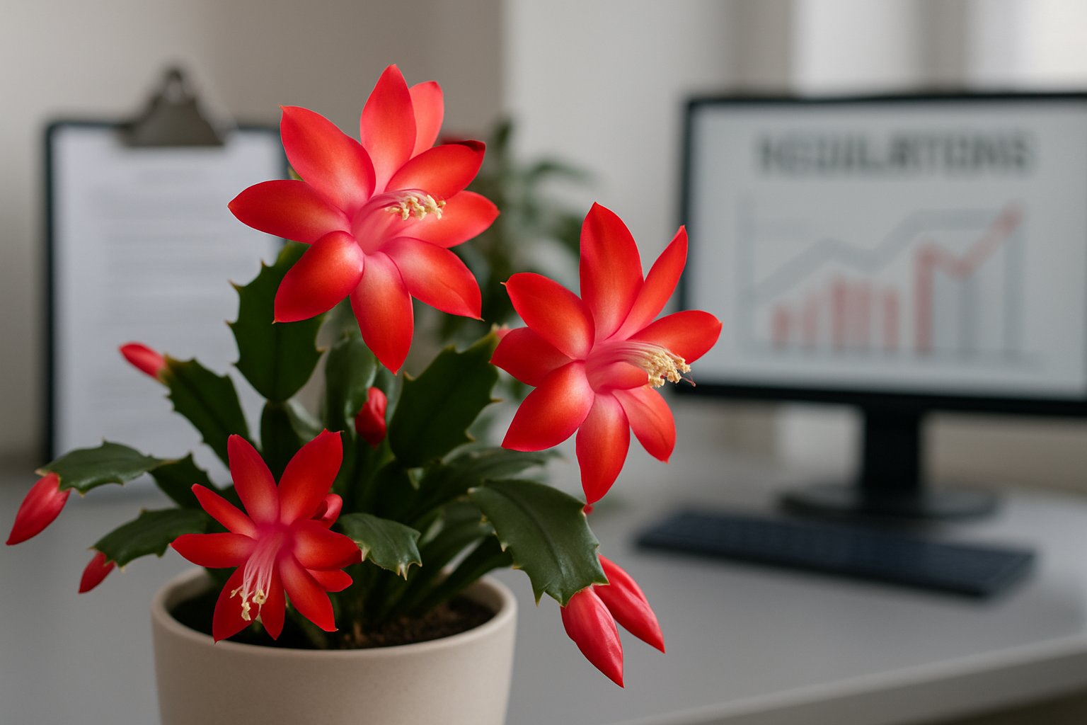 Close-up of a Christmas cactus with pink and red flowers in an office setting with blurred documents and a computer in the background.