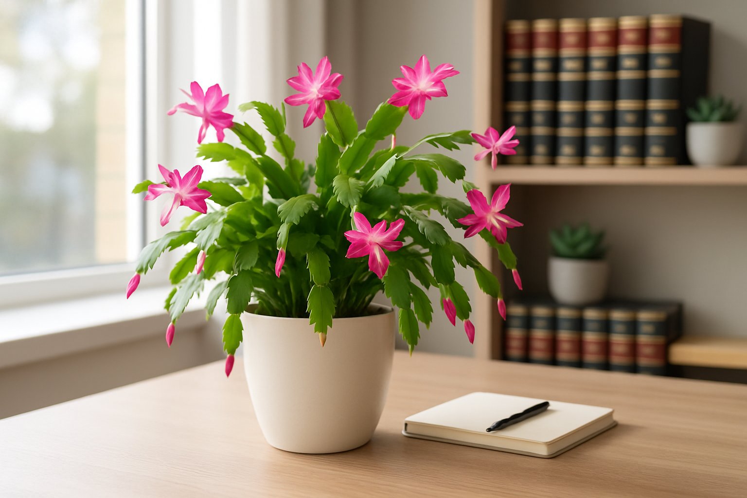 A Christmas cactus with pink flowers on a wooden table near a window, accompanied by a notebook and pen, with a blurred bookshelf in the background.