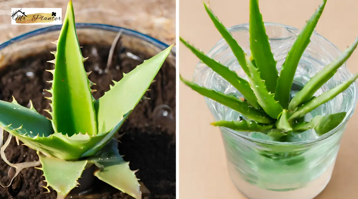 Side by Side image of An aloe plant in soil (on the left) and Aloe plant in soil(on the right)