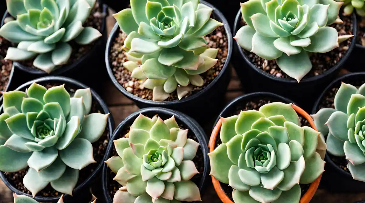 Succulents in pots turning light green