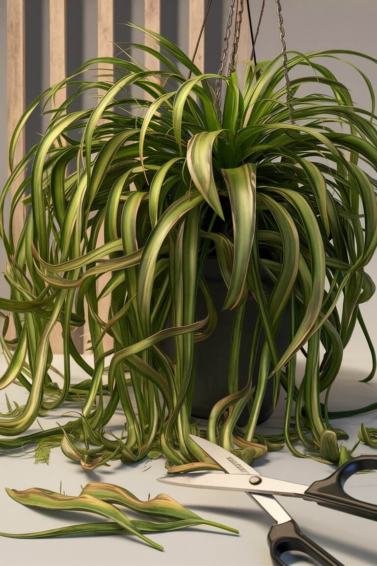 Puning spider plant with shears