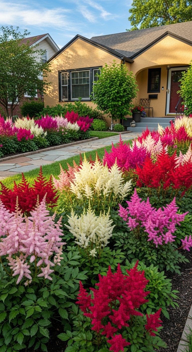 astilbe flower beds line the front of the house