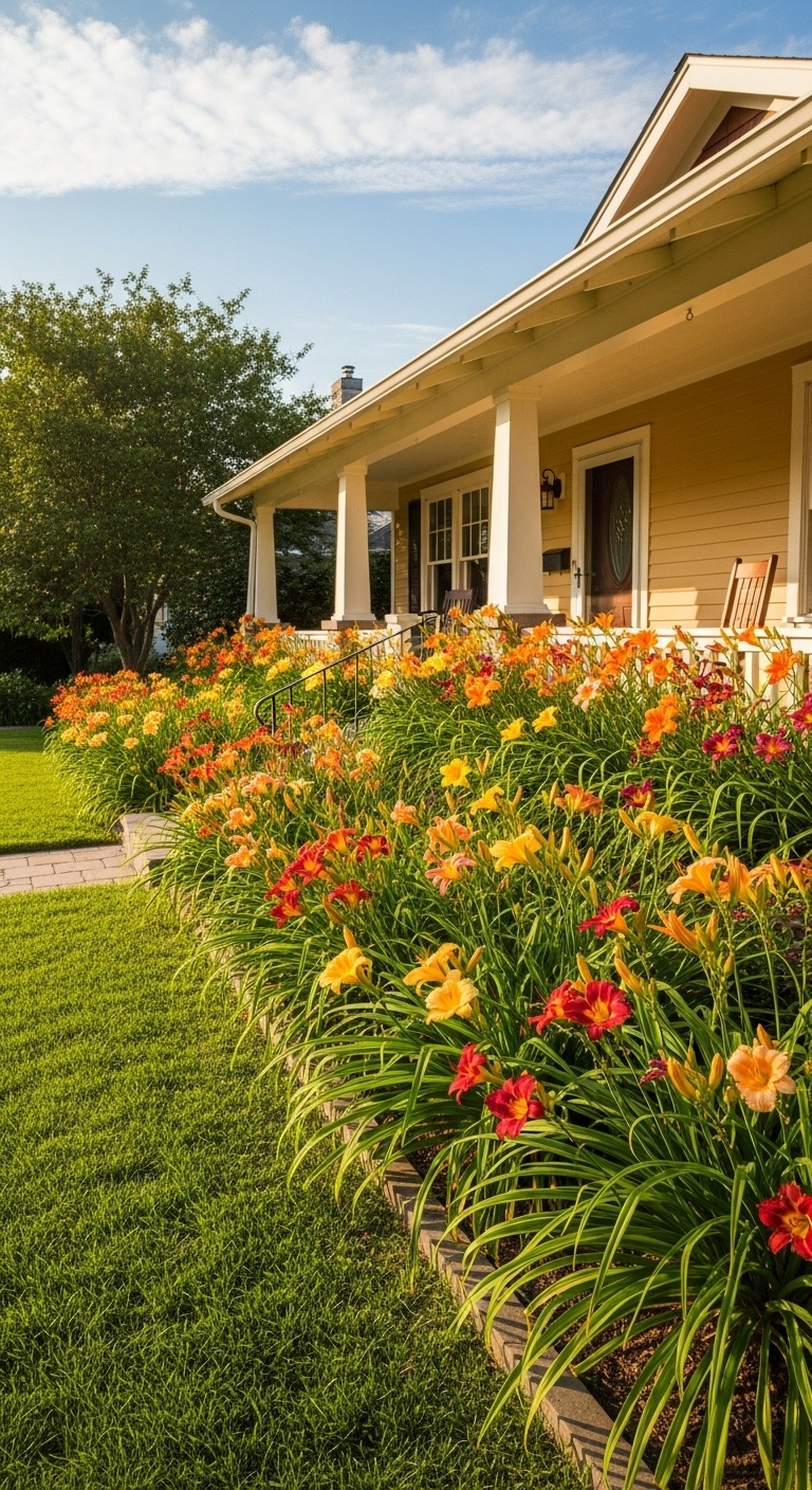 daylily flower beds line the front of the house