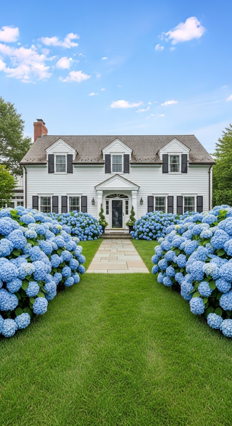 hydrangea flower beds line the front of the house