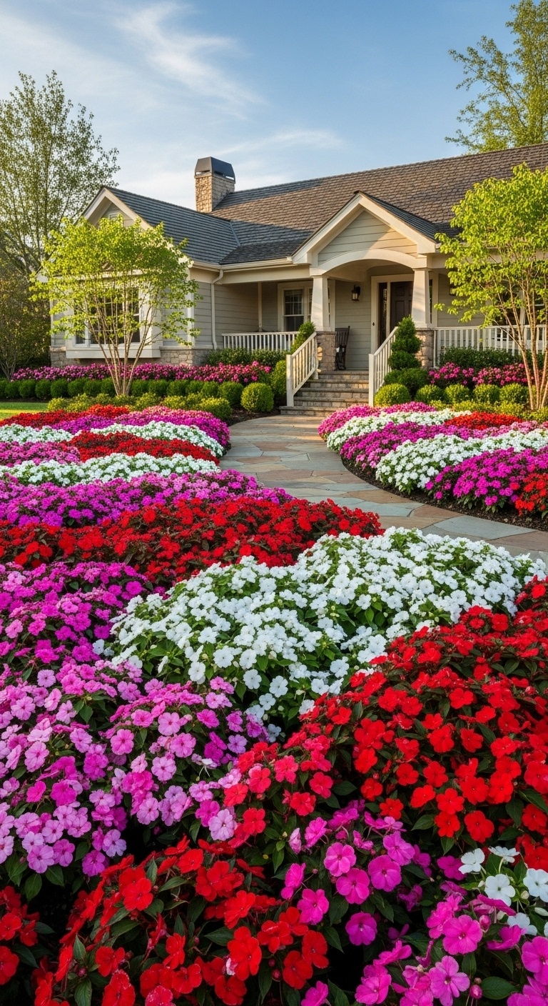 impatiens flower beds line the front of the house