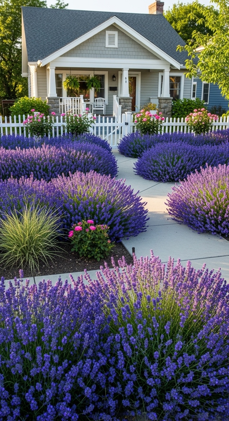 lavender flower beds in the front yard