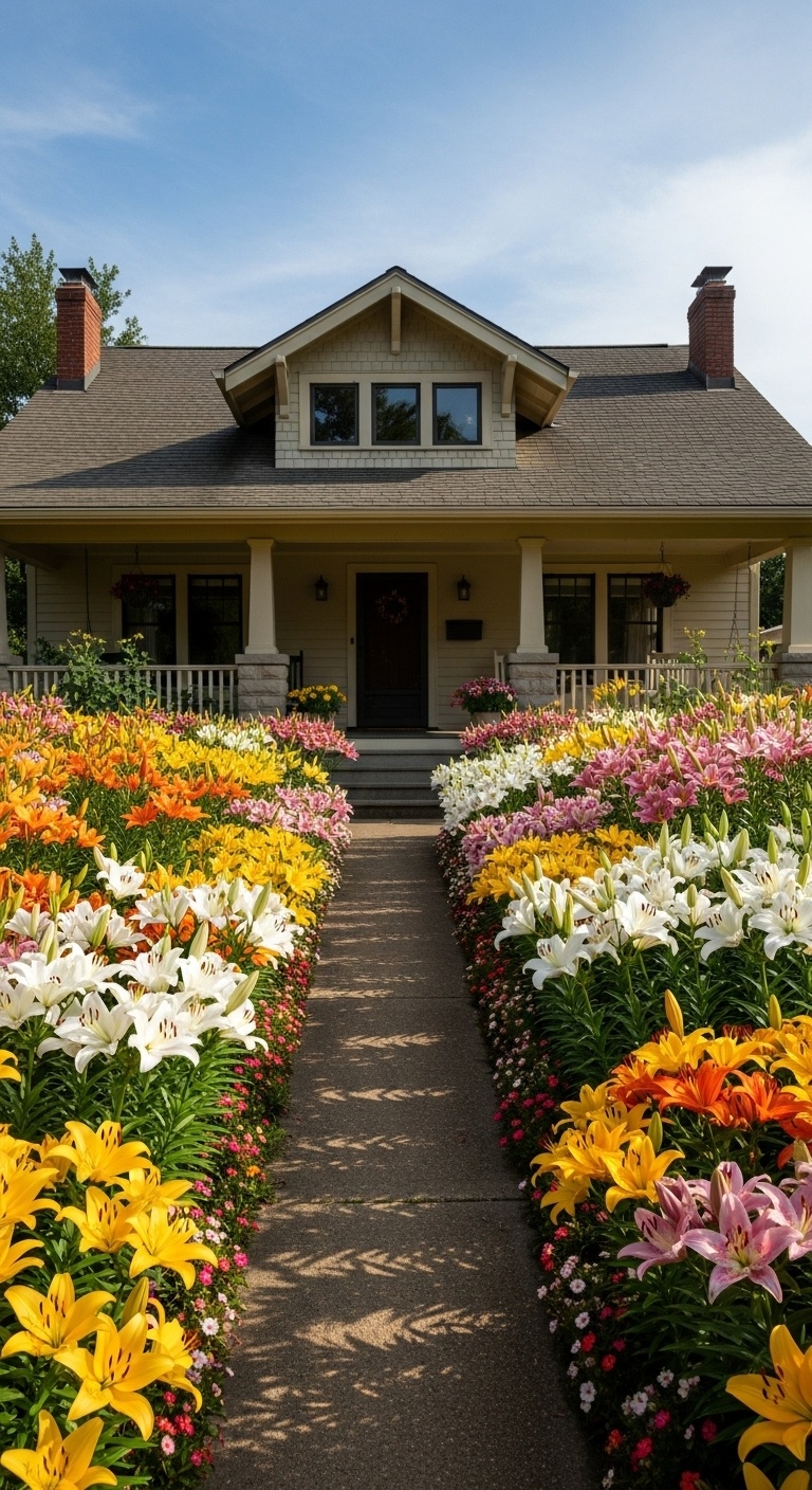 lily flower beds lines the front of a house