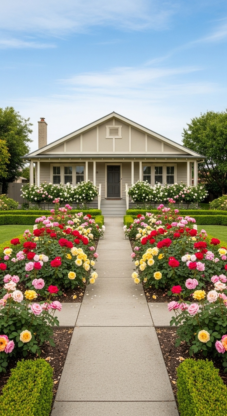 rose flower beds arranged in front of a house