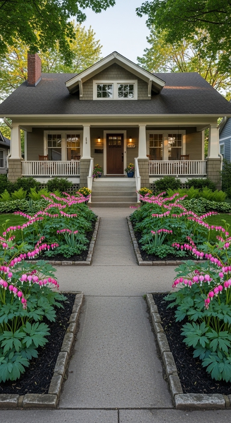 Bleeding Hearts flowering bed in front of house
