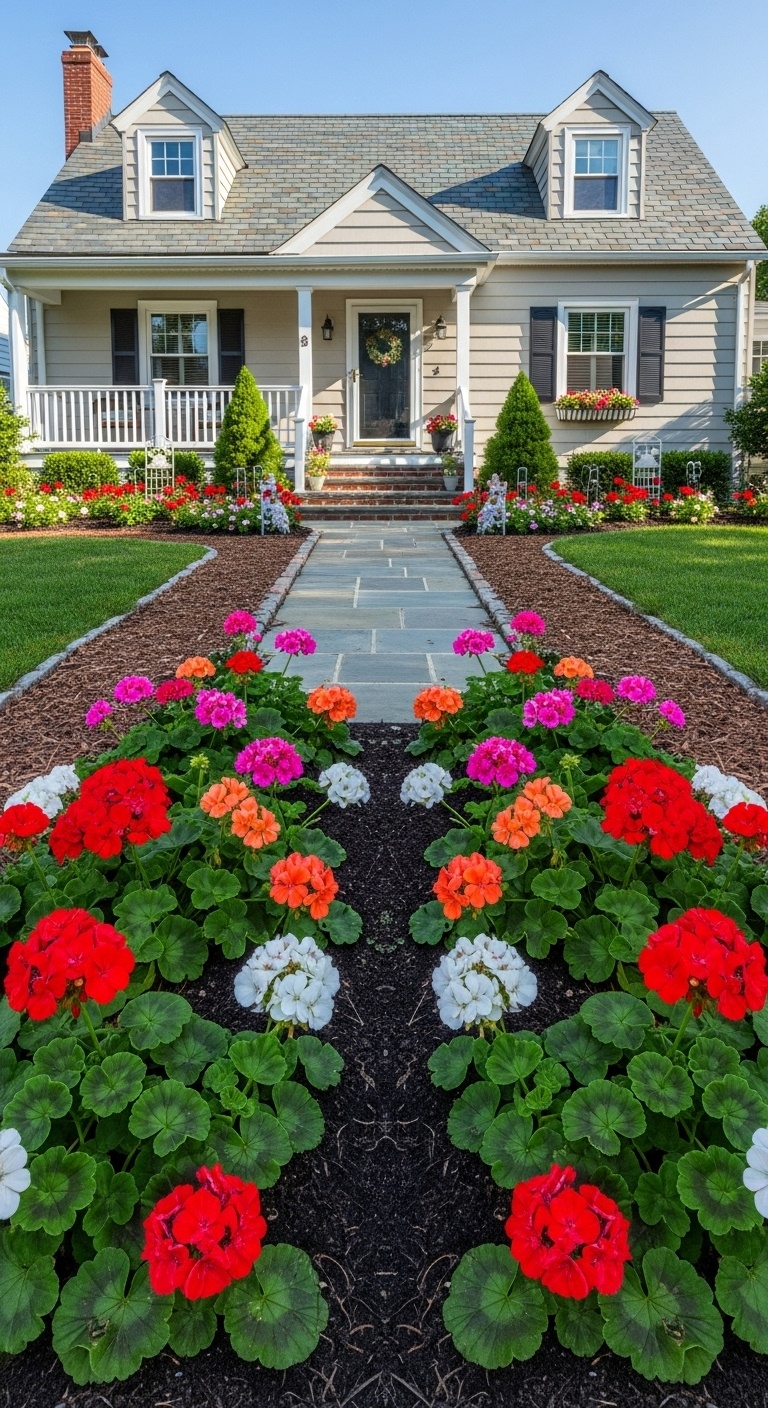 Twenty-one geranium-filled flower beds line the front of the house