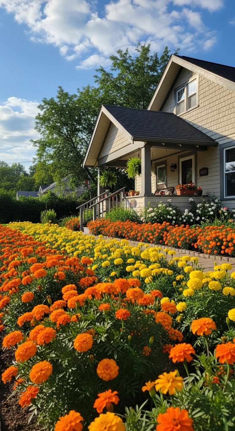 marigold flower beds line the front of the house