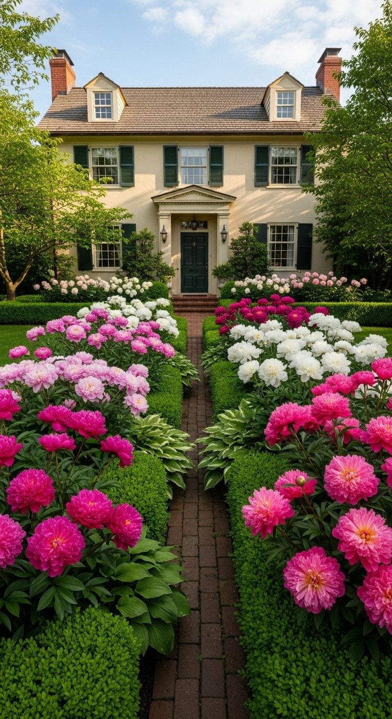 Twenty-one peonies bloom in neat flower beds in front of a charming house. The vibrant colors and lush greenery create a picturesque scene
