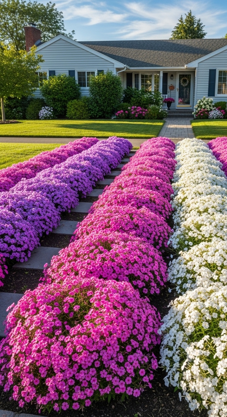 phlox flower beds in front of a house