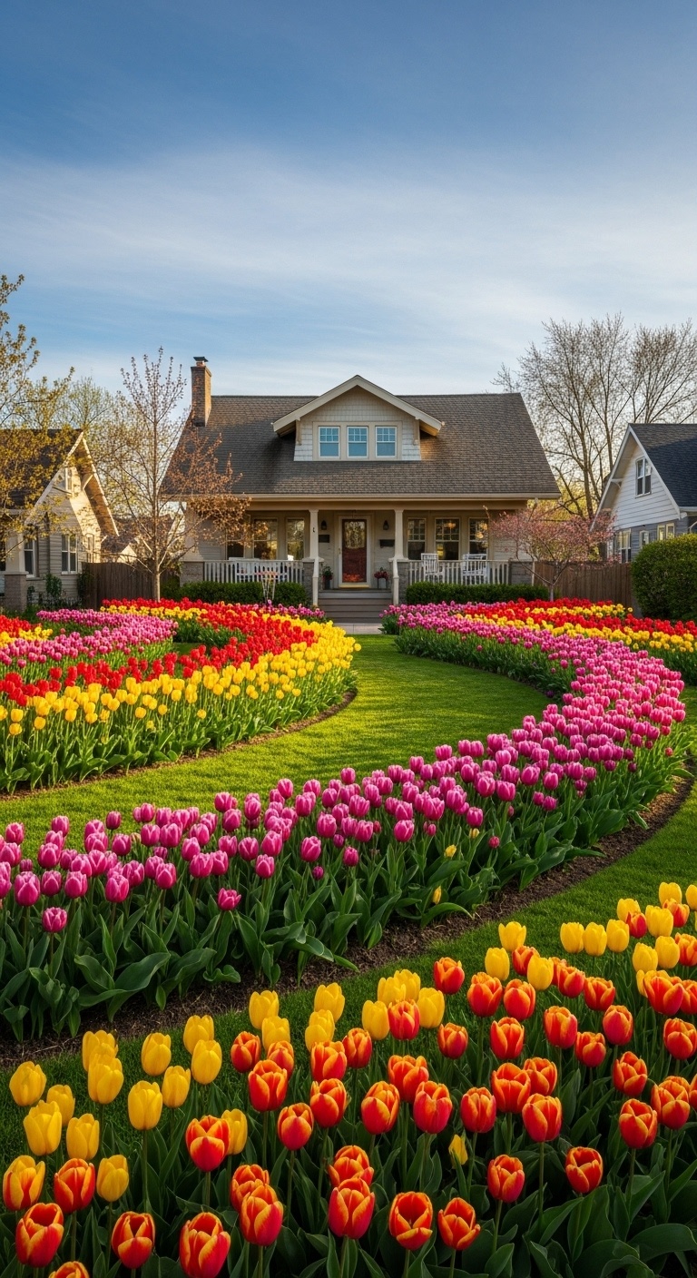 tulip flower beds in front of a house