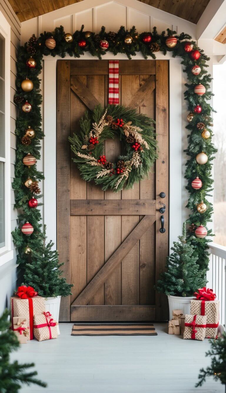 A rustic barn door adorned with festive Christmas decorations, surrounded by a cozy farmhouse porch