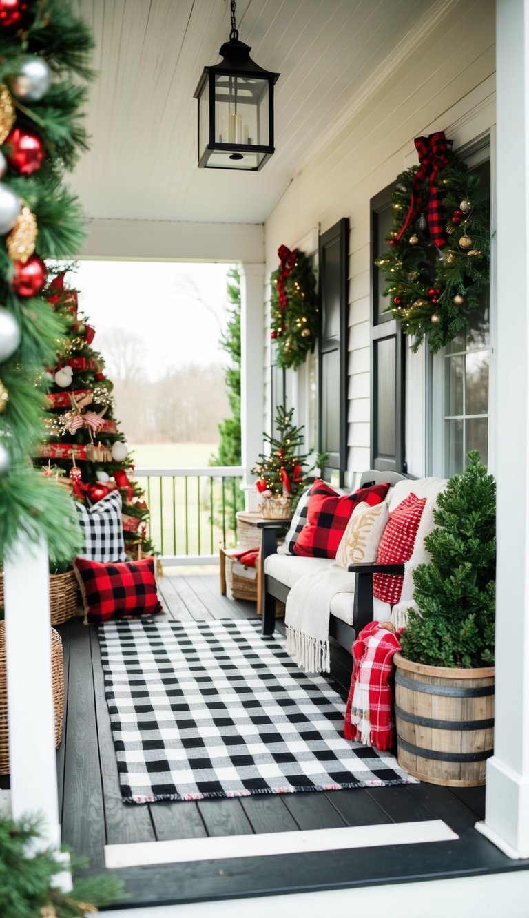 A cozy farmhouse porch adorned with buffalo check rugs, festive Christmas decor, and a welcoming holiday atmosphere