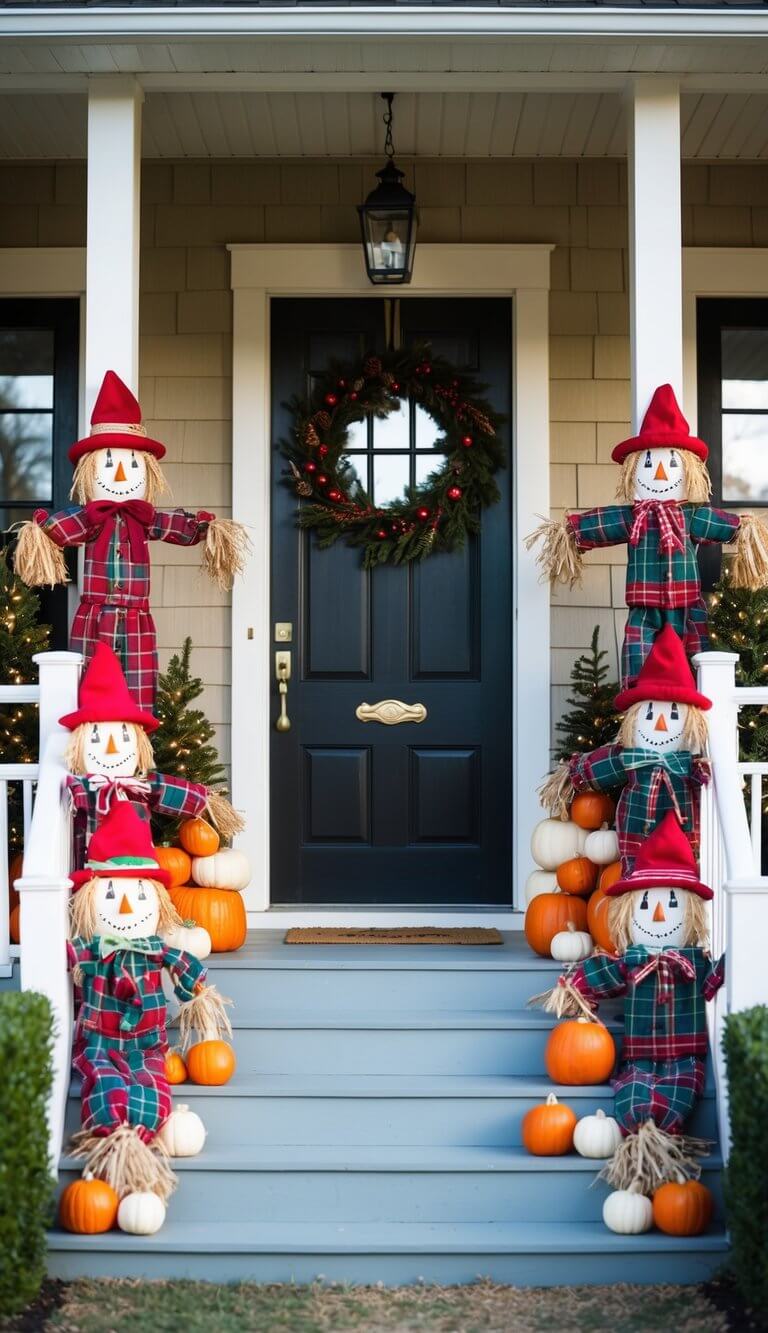 Cheerful scarecrows adorn 24 farmhouse porches for Christmas