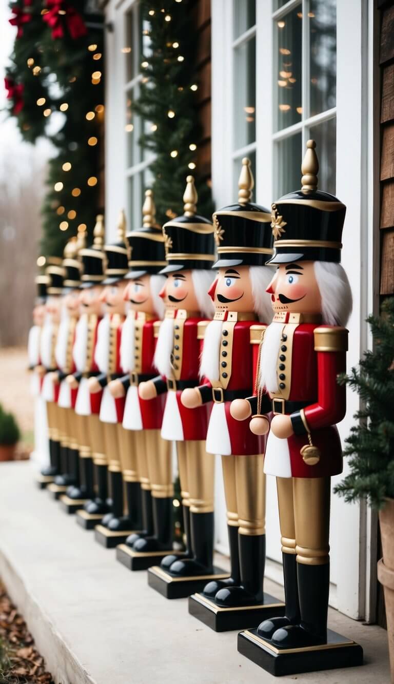 A row of 24 classic nutcrackers adorns farmhouse Christmas porches