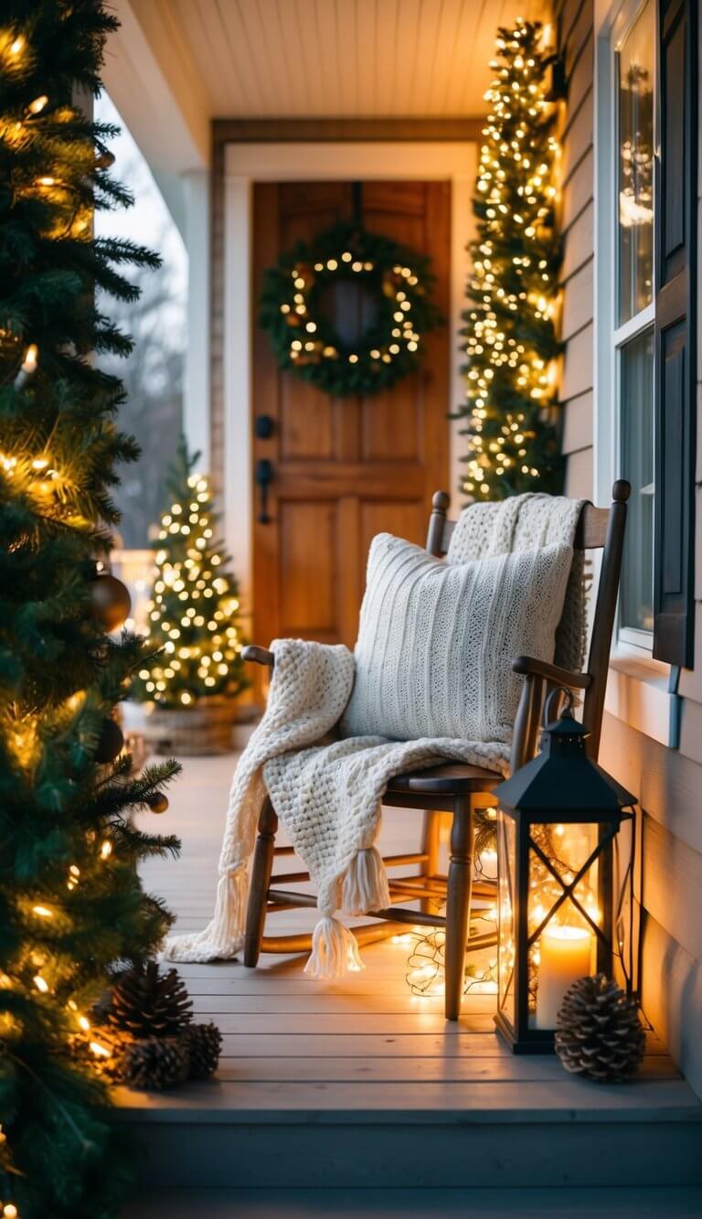 A farmhouse porch adorned with cozy knit throws, surrounded by the warm glow of Christmas lights and rustic decor