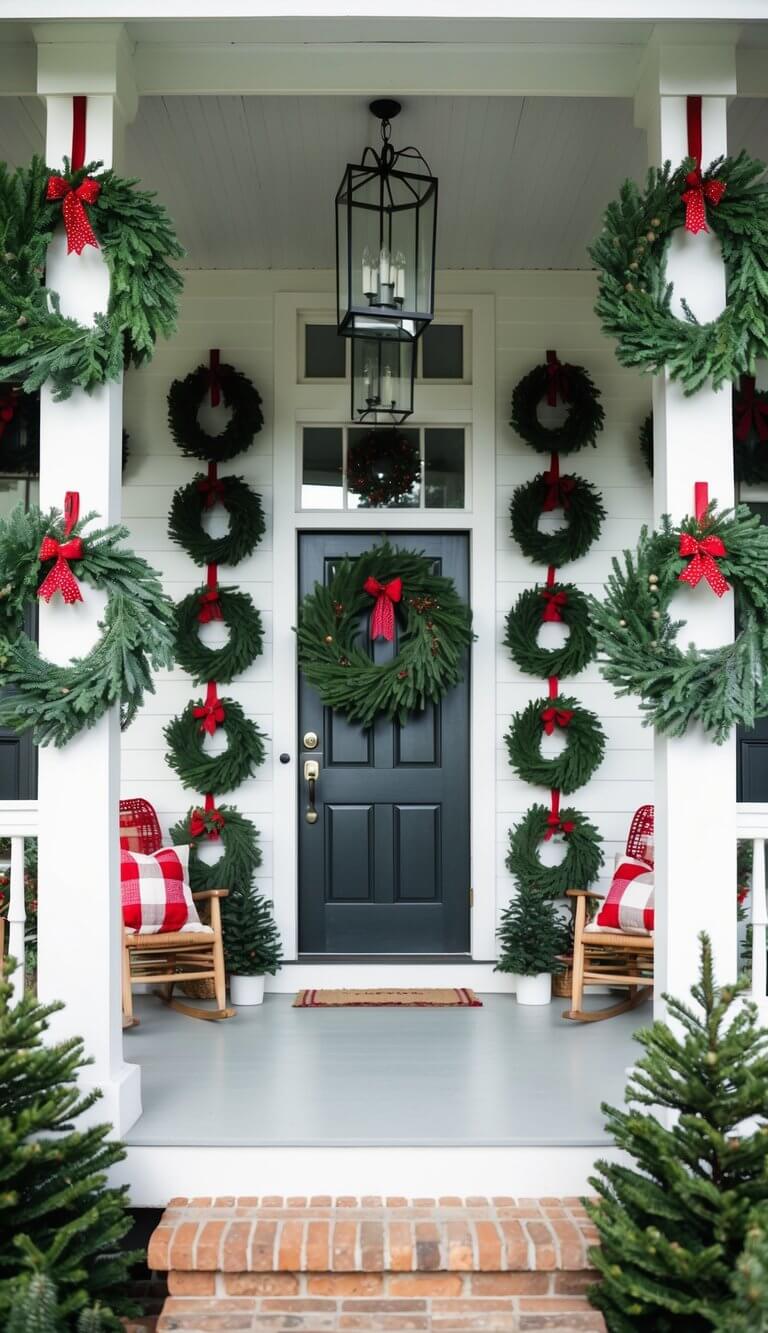 A cozy farmhouse porch adorned with 24 evergreen wreaths, creating a festive and inviting Christmas atmosphere