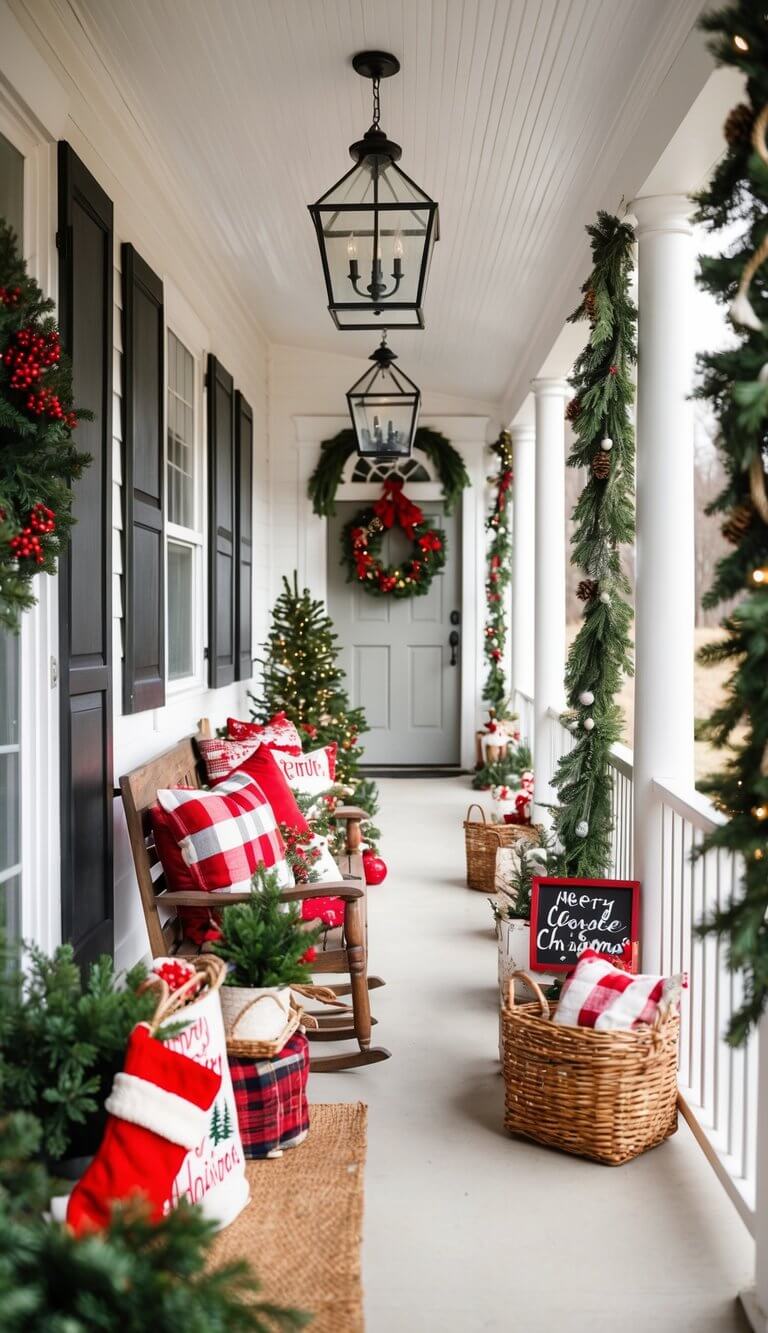 A cozy farmhouse porch adorned with festive signs and decorations for Christmas