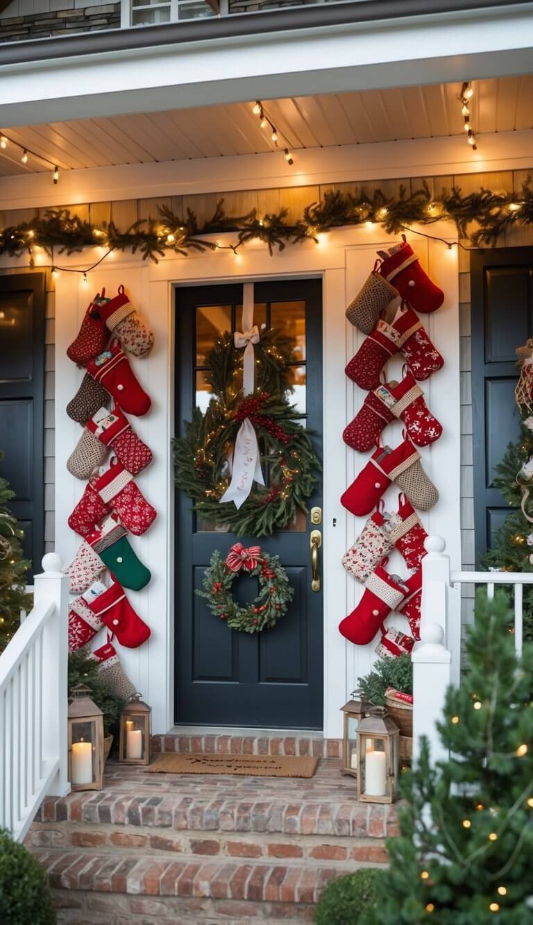 A cozy farmhouse porch adorned with 24 handmade stockings, each uniquely patterned and hung with care. Twinkling lights and rustic décor complete the festive scene