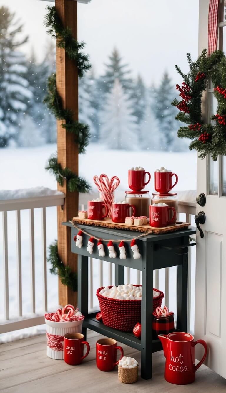 A cozy farmhouse porch adorned with a festive hot cocoa bar, complete with mugs, marshmallows, and candy canes, set against a backdrop of snowy winter scenery