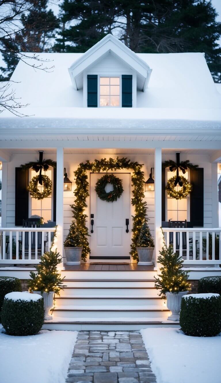 A snowy farmhouse porch adorned with jingle bell accents and twinkling lights