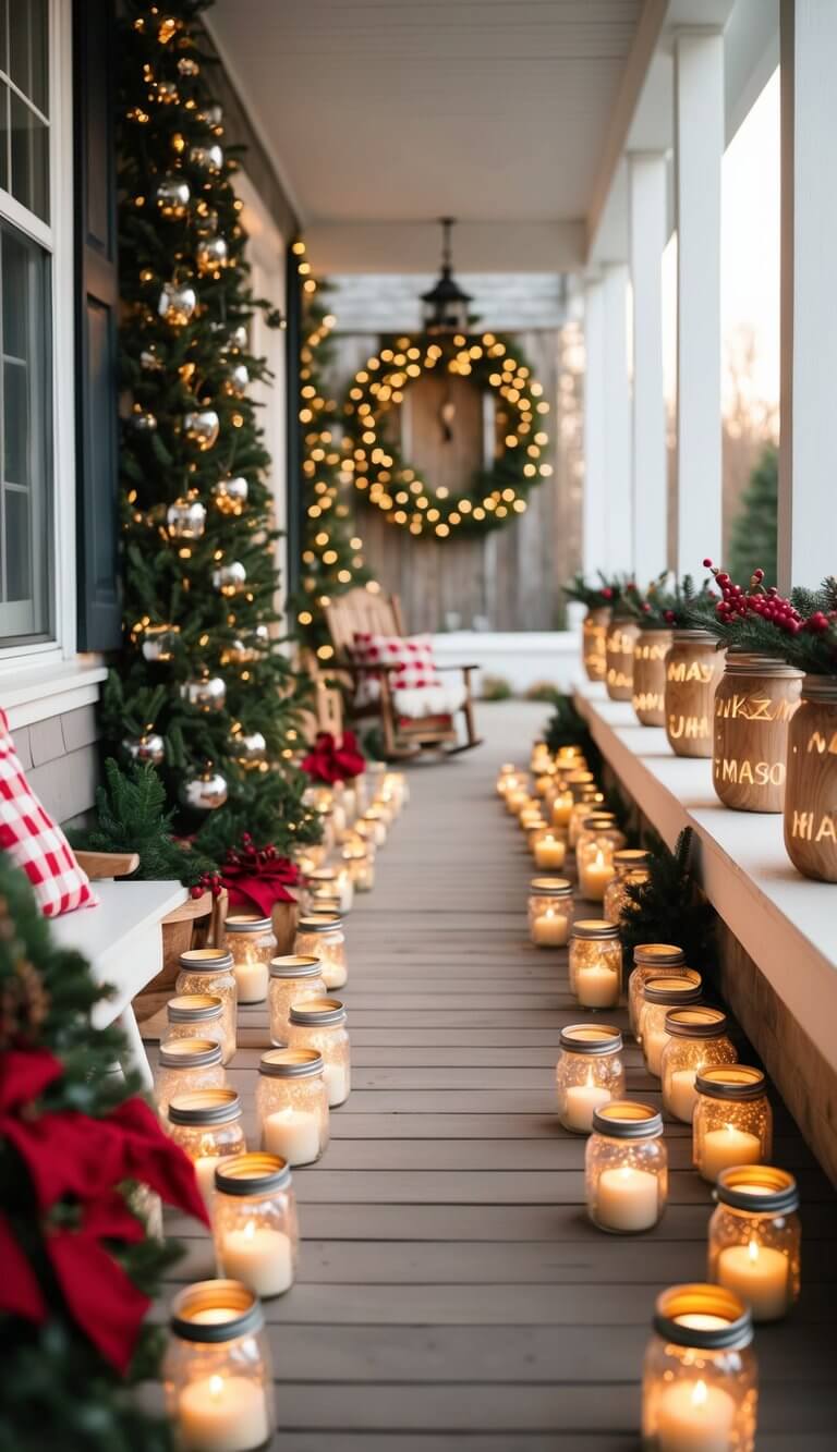 A cozy farmhouse porch adorned with 24 mason jar candle holders, creating a warm and inviting Christmas atmosphere