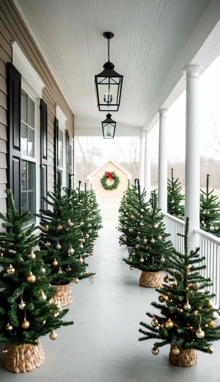 A cozy farmhouse porch adorned with 24 mini Christmas trees, creating a festive and inviting holiday scene