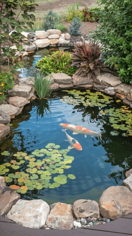 A serene koi pond nestled within a natural stone border, surrounded by lush greenery and colorful aquatic plants