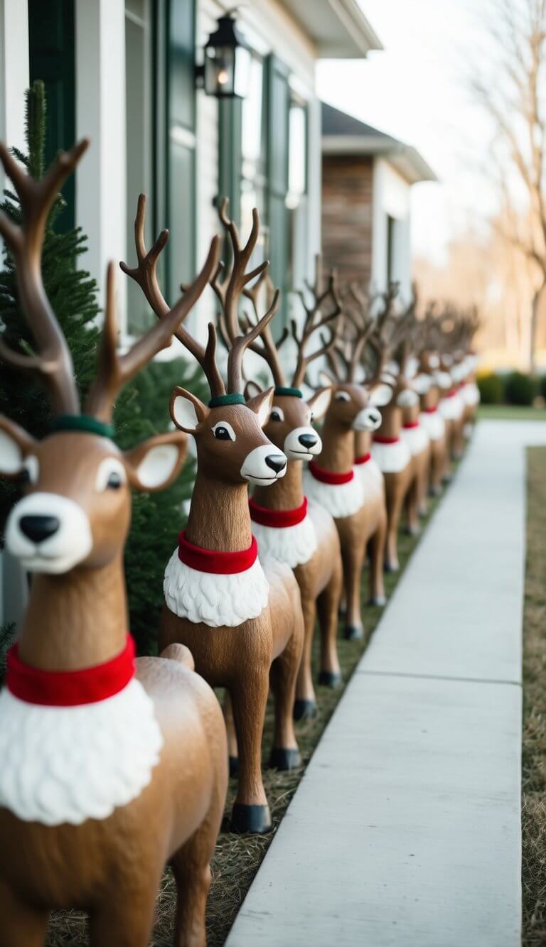 A row of rustic reindeer statues adorns 24 farmhouse Christmas porches