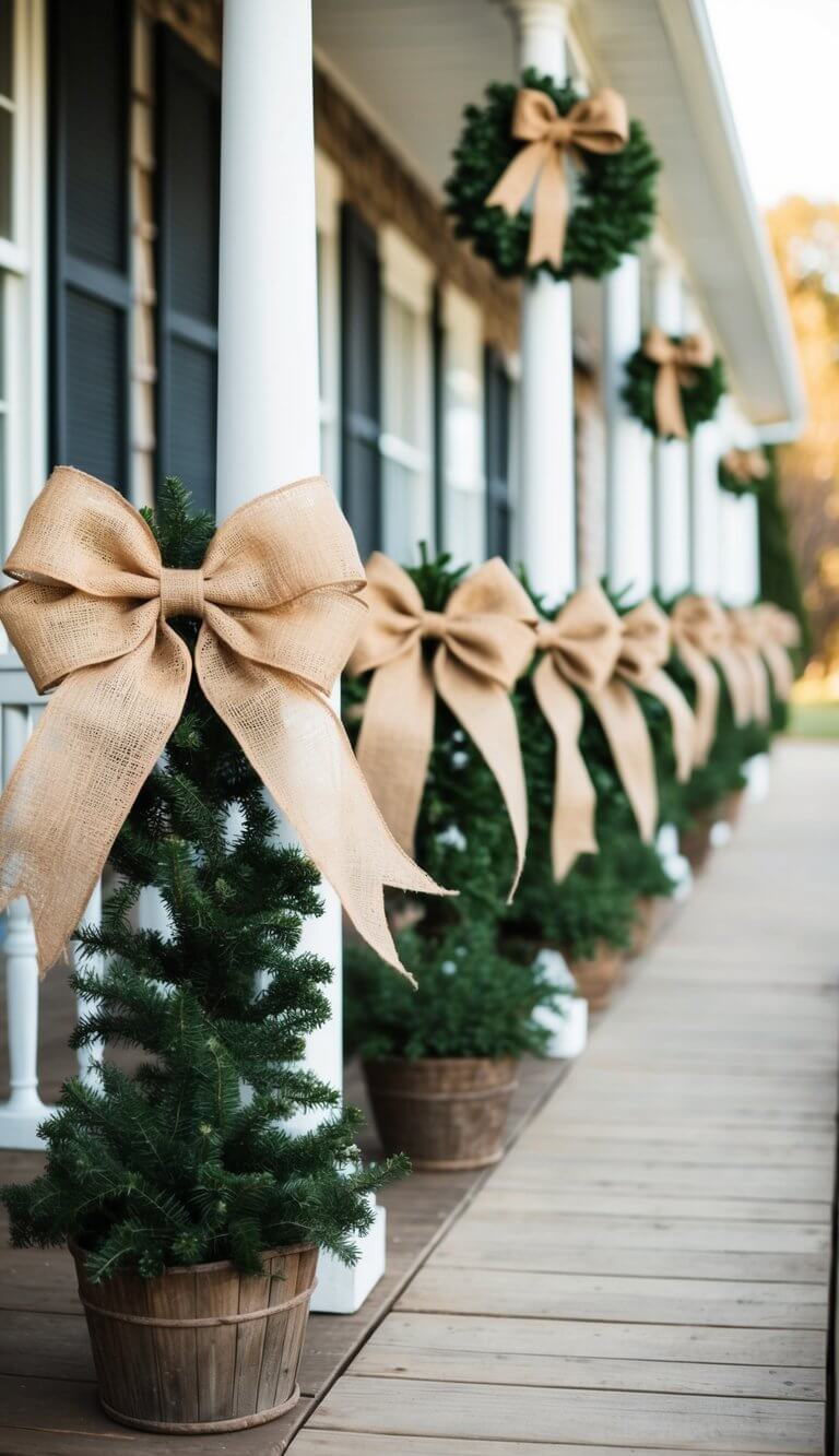 A row of rustic porches adorned with large burlap bows, evoking a cozy farmhouse Christmas atmosphere