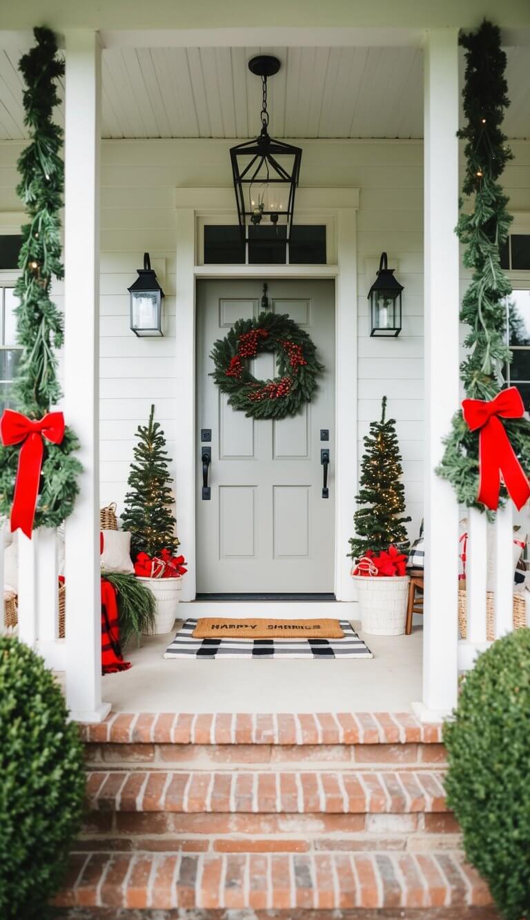 A cozy farmhouse porch with festive doormats and holiday decorations