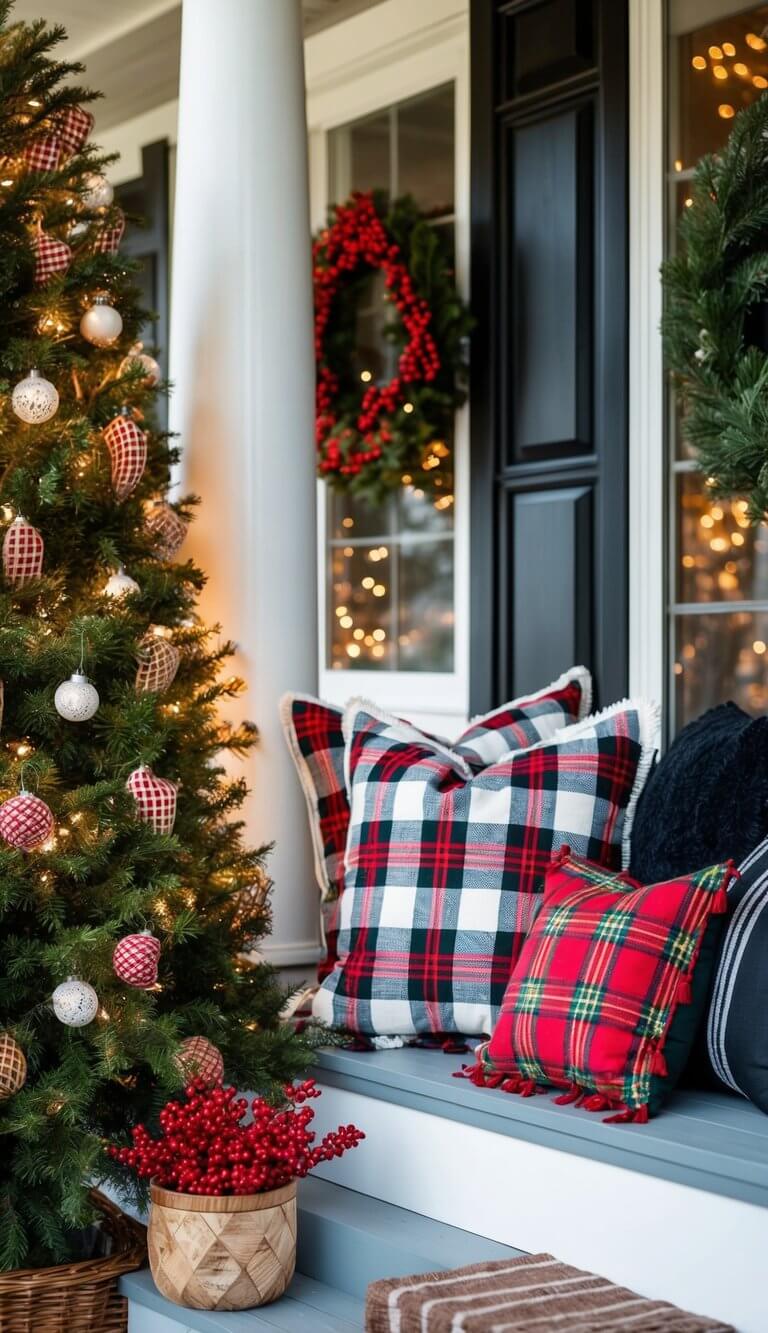 Cozy farmhouse porch adorned with plaid throw pillows, hint of Christmas decor