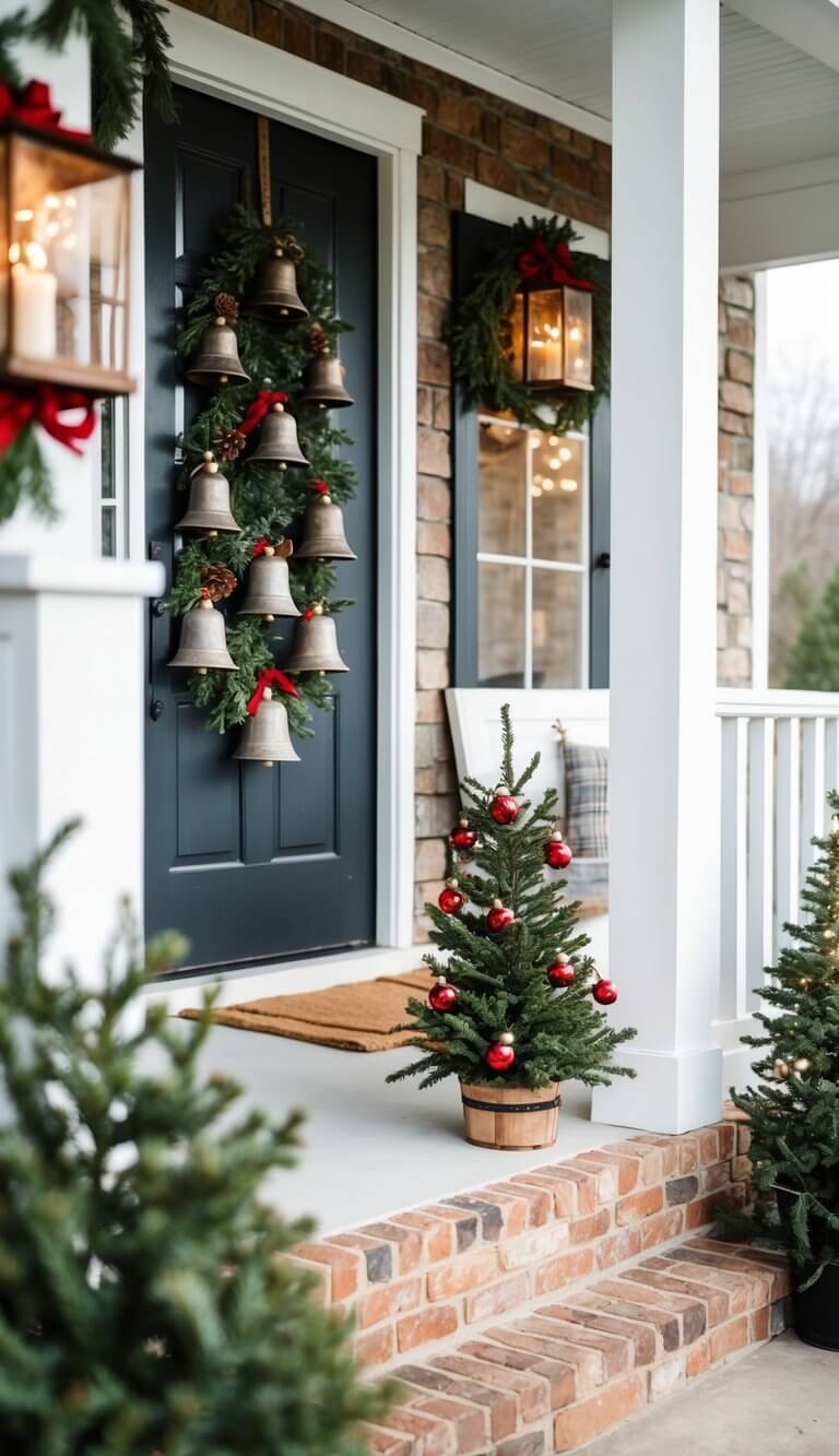 A cozy farmhouse porch adorned with 24 rustic farm bells for Christmas