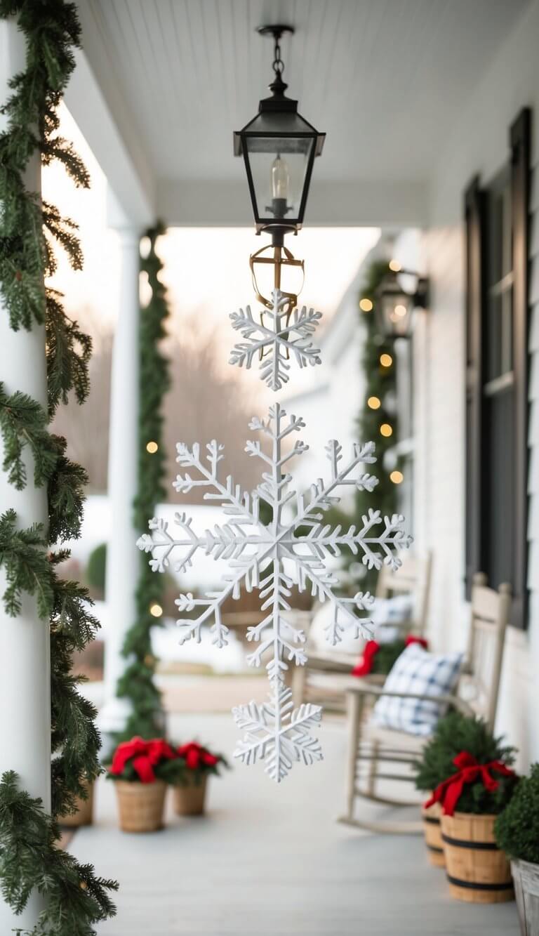 Snowflake decorations adorn 24 farmhouse Christmas porches