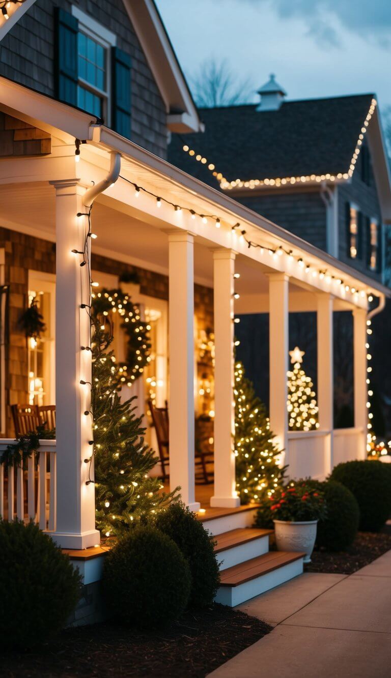 Cozy farmhouse porches adorned with warm string lights, creating a festive Christmas atmosphere