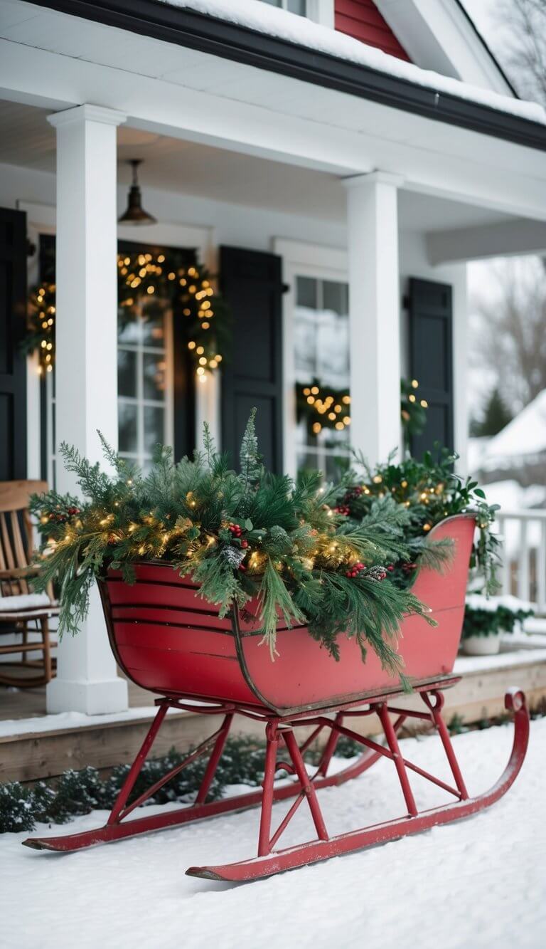 A vintage red sleigh overflowing with festive greenery and twinkling lights sits on a snowy farmhouse porch