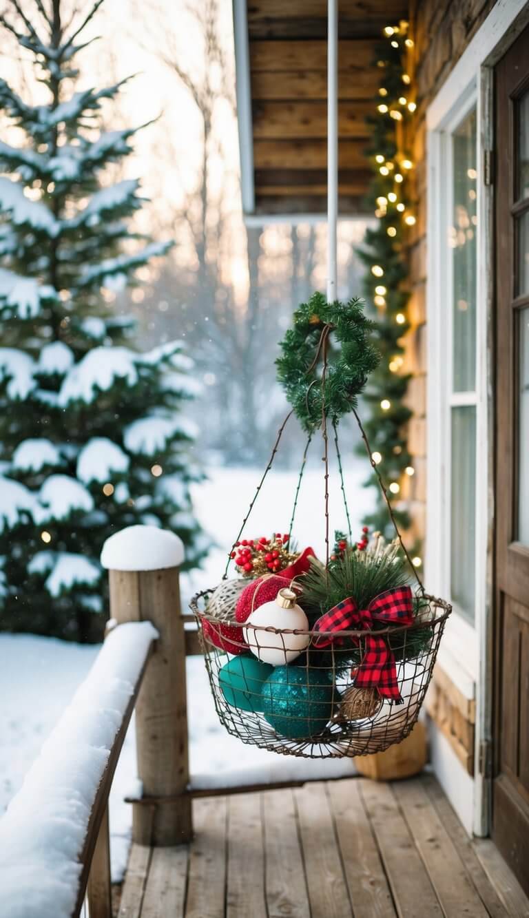 A wire basket filled with festive decorations hangs on a rustic farmhouse porch, surrounded by snow-covered trees and twinkling lights