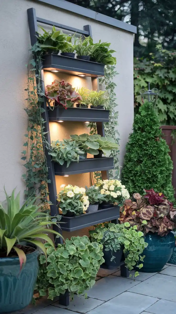 Display Potted Plants on a Vertical Ladder Shelf