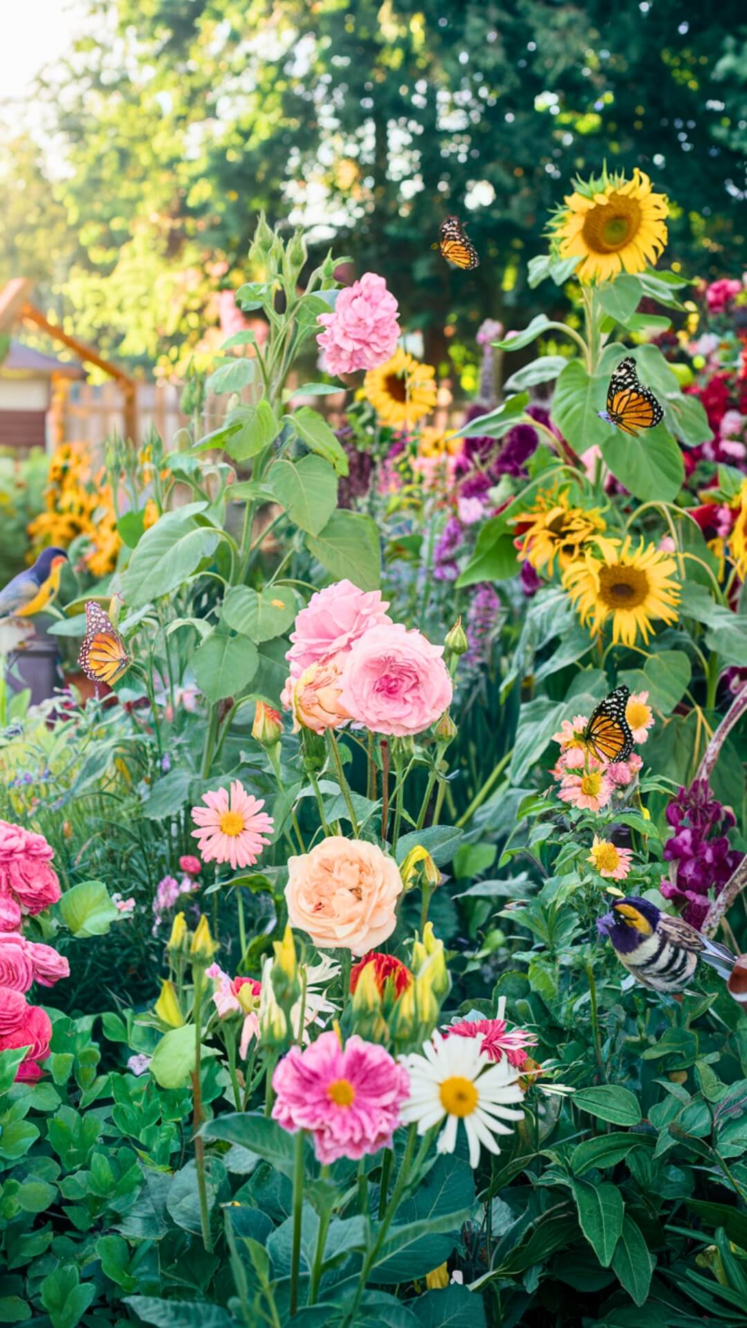 A vibrant wildlife garden featuring flowers, butterflies, and various birds in a sunny backyard.