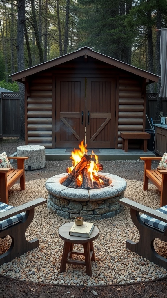 Fire pit surrounded by seating in a landscaped area with a shed in the background