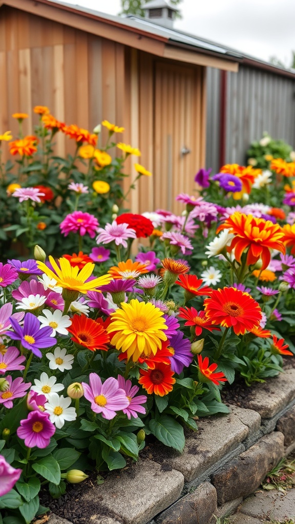 Colorful flower bed surrounding a wooden shed