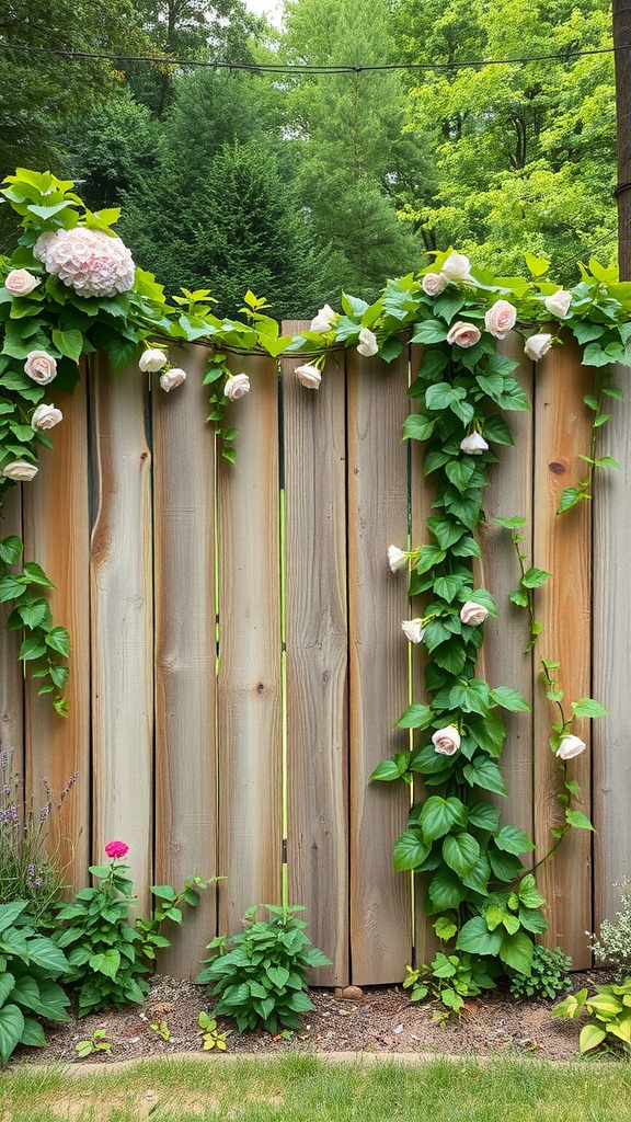 A wooden fence decorated with climbing roses and greenery in a backyard setting