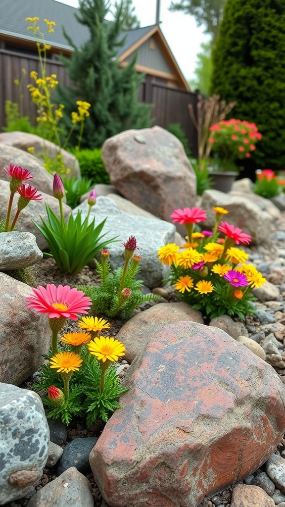 Colorful flowers among rocks in an alpine rock garden