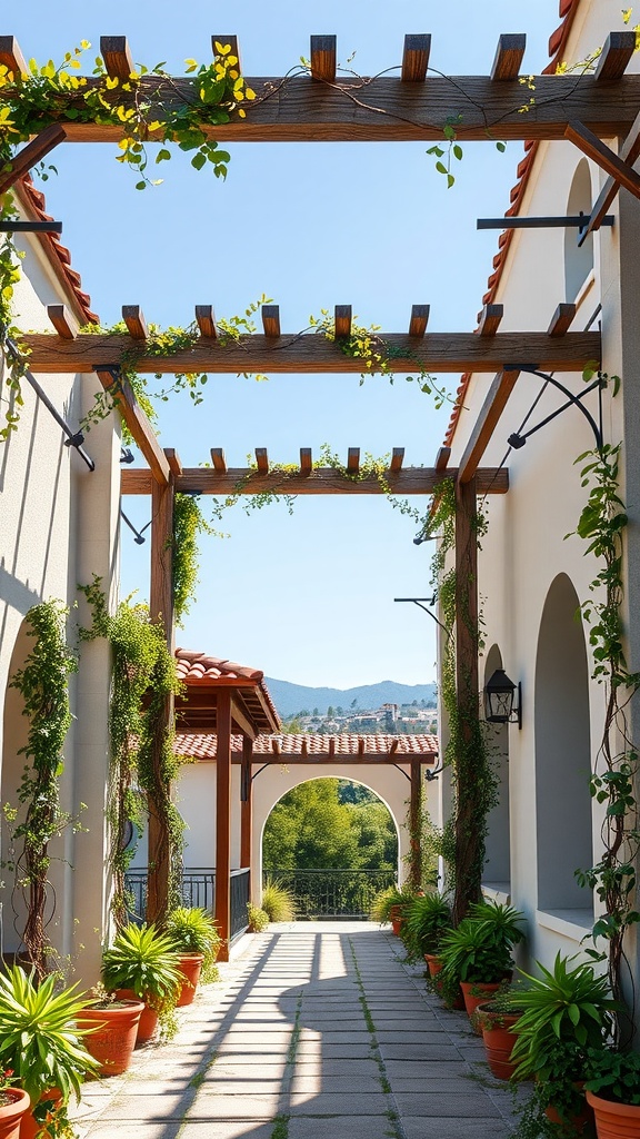 A sunny walkway with wooden pergolas and climbing plants, surrounded by terracotta pots